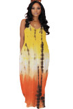 Red Fashion Casual adult Ma'am Red Blue Yellow Spaghetti Strap Sleeveless V Neck Swagger Floor-Length Print Dresses