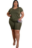 Army Green Fashion Casual adult Ma'am O Neck Patchwork Solid Two Piece Suits Plus Size