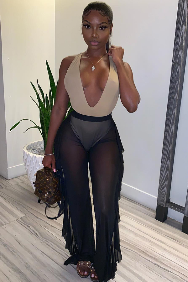 

Black Elastic Fly Sleeveless Mid ruffle Mesh Straight Pants