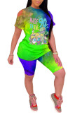 グリーンファッションカジュアル大人奥様パッチワークプリントキャラクタータイダイツーピーススーツストレート半袖ツーピース
