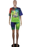 Yellow Fashion Casual adult Ma'am Patchwork Print Character Tie Dye Two Piece Suits Straight Short Sleeve Two Pieces