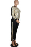 Gold Fashion Active adult Patchwork Sequin Gradient Two Piece Suits pencil Long Sleeve Two Pieces