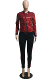 Red Fashion Active adult Patchwork Sequin Gradient Two Piece Suits pencil Long Sleeve Two Pieces