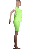 蛍光グリーン ファッション アクティブ 大人 マアム レター パッチワーク プリント ツーピース スーツ ストレート 半袖 ツーピース