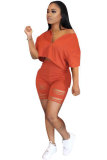 Oranje mode volwassen licht gekookt patchwork tweedelige pakken met effen gat uitgeholde rechte twee stukken met halve mouwen