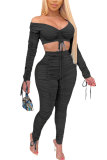 Black Fashion Sexy adult Patchwork Solid Draped asymmetrical Two Piece Suits Regular Long Sleeve Two Pieces
