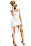 White Fashion Sexy adult White Yellow Spaghetti Strap Sleeveless O neck Step Skirt Mini Print Patchwork tassel Solid Dresses
