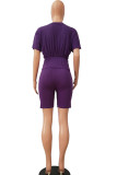 purple Fashion Casual adult Ma'am Patchwork Solid Two Piece Suits pencil Short Sleeve Two Pieces