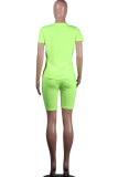 蛍光グリーン ファッション アクティブ 大人 マアム レター パッチワーク プリント ツーピース スーツ ストレート 半袖 ツーピース