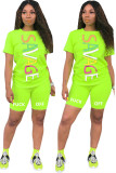 Verde fluorescente moda ativa adulto senhora carta retalhos impressão ternos de duas peças em linha reta manga curta duas peças