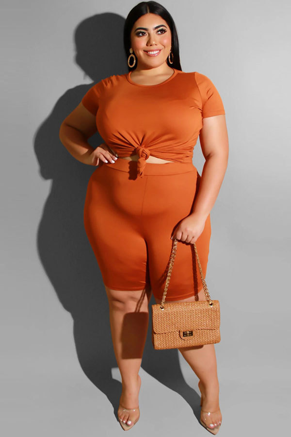 Оранжевый модный повседневный костюм с круглым вырезом для взрослых в стиле пэчворк, однотонный костюм из двух предметов, большие размеры
