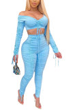 Blue Fashion Sexy adult Patchwork Solid Draped asymmetrical Two Piece Suits Regular Long Sleeve Two Pieces