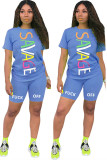 Blue Fashion Active adult Ma'am Letter Patchwork Print Two Piece Suits Straight Short Sleeve Two Pieces