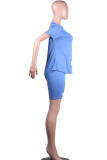 Синий модный активный взрослый костюм из двух предметов с буквенным принтом «мэм» в стиле пэчворк, прямой костюм из двух предметов с короткими рукавами