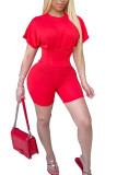 Red Fashion Casual Erwachsene Ma'am Patchwork Solid Two Piece Suits Pencil Short Sleeve Two Pieces