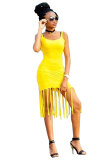 Gelbe Mode Sexy Erwachsene Weiß Gelb Spaghettiträger Ärmellos O-Ausschnitt Stufenrock Minidruck Patchwork Quaste Solide Kleider