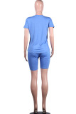 Azul moda ativo adulto senhora carta retalhos impressão ternos de duas peças em linha reta manga curta duas peças