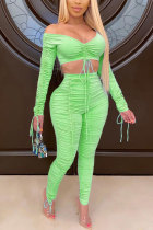 Fluorescerande grönt mode sexigt lapptäcke för vuxna, solid draperad asymmetrisk tvådelad kostym Vanlig långärmad tvådelad