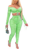Fluorescent green Fashion Sexy adult Patchwork Solid Draped asymmetrical Two Piece Suits Regular Long Sleeve Two Pieces