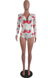 Red Fashion Sexy Patchwork Print Button Long Sleeve V Neck 