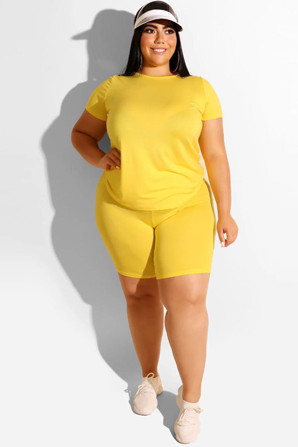 Amarelo moda casual adulto o pescoço retalhos sólidos ternos de duas peças costura plus size