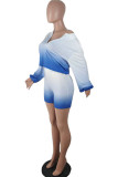 Azul moda adulto senhora rua retalhos impressão gradiente ternos de duas peças em linha reta manga longa duas peças