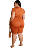 Оранжевый модный повседневный костюм с круглым вырезом для взрослых в стиле пэчворк, однотонный костюм из двух предметов, большие размеры