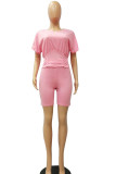 Pink Fashion Casual adult Ma'am Patchwork Solid Two Piece Suits pencil Short Sleeve Two Pieces