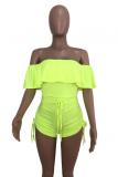 Fluorescent green Sexy Fashion Patchwork bandage Solid Short Sleeve one word collar 