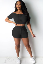 Black Fashion Sexy adult Ma'am Patchwork Solid Draped Two Piece Suits Straight Short Sleeve Two Pieces