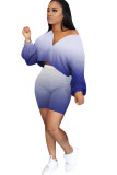 Azul moda adulto senhora rua retalhos impressão gradiente ternos de duas peças em linha reta manga longa duas peças
