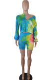 Blue Fashion adult Ma'am Street Patchwork Print Gradient Two Piece Suits Straight Long Sleeve Two Pieces
