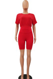 Red Fashion Casual adulte Ma'am Patchwork Solid Two Piece Suits crayon Short Sleeve Two Pieces