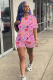Pink Fashion Casual adult Patchwork Print Two Piece Suits Lips Print pencil Half Sleeve Two Pieces