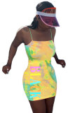 Розовая мода Сексуальная взрослая Розово-желтая Голубая юбка без рукавов на тонких бретельках Мини-платье с принтом в стиле пэчворк с завязками и красками