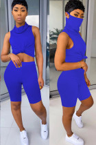 Malha azul real moda sexy adulto senhora patchwork sólido de duas peças ternos retos sem mangas duas peças