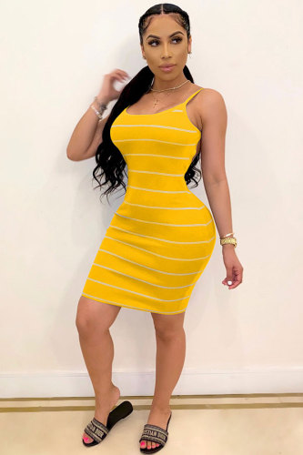 Yellow Fashion adult Sweet Red Black Grey Yellow Spaghetti Strap Sleeveless Slip A-Line Knee-Length Striped Print Patchwork Dresses