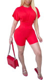 Rött mode Casual vuxen Patchwork Solid asymmetrisk tvådelad kostym Rak kortärmad tvådelad