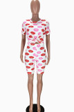 Red Fashion Sexy adult Ma'am Patchwork Print Character Two Piece Suits Lips Print Straight Short Sleeve Two Pieces