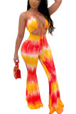 Red and yellow Fashion Sexy Print Patchwork bandage Tie-dyed Hollow Sleeveless Hanging neck Jumpsuits