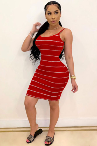 Red Fashion adult Sweet Red Black Grey Yellow Spaghetti Strap Sleeveless Slip A-Line Knee-Length Striped Print Patchwork Dresses