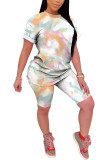 Blue Fashion Casual adult Ma'am Patchwork Print Tie Dye Gradient Two Piece Suits pencil Short Sleeve Two Pieces