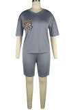 Grey Sexy Fashion Ma'am adult Leopard Two Piece Suits Patchwork Straight Short Sleeve Two-Piec