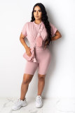 Pink Fashion Casual adult Patchwork Solid asymmetrical Two Piece Suits Straight Short Sleeve Two Pieces