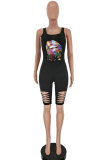 Black Fashion Sexy adult Patchwork Print Hole Burn-out Two Piece Suits Lips Print Skinny Sleeveless Two Pieces