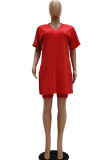 Red Fashion Casual Solid Two Piece Suits pencil Short Sleeve Two Pieces T-shirt Tops And Shorts Sets