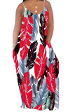 Blue Fashion Casual adult Red Blue Yellow Spaghetti Strap Sleeveless V Neck Swagger Floor-Length Print Patchwork Dresses