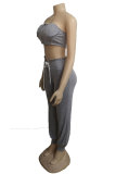 Grey Fashion Casual adult Patchwork Print Solid Bandage asymmetrical Two Piece Suits Straight Sleeveless Two Pieces