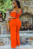 オレンジファッションカジュアル中空固体半袖一言襟ジャンプスーツ