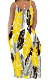 Yellow Fashion Casual adult Red Blue Yellow Spaghetti Strap Sleeveless V Neck Swagger Floor-Length Print Patchwork Dresses